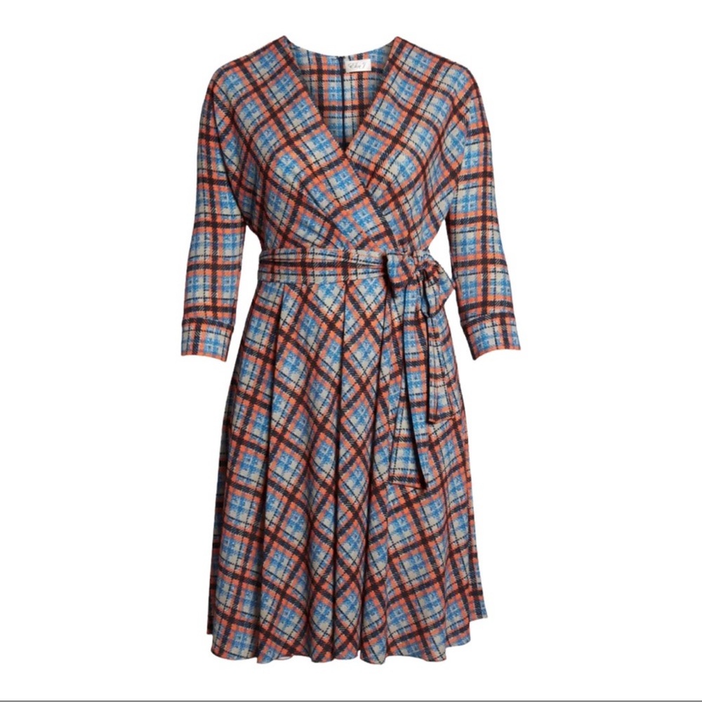 Plaid Wrap Dress in Blue and Orange (NWT)
